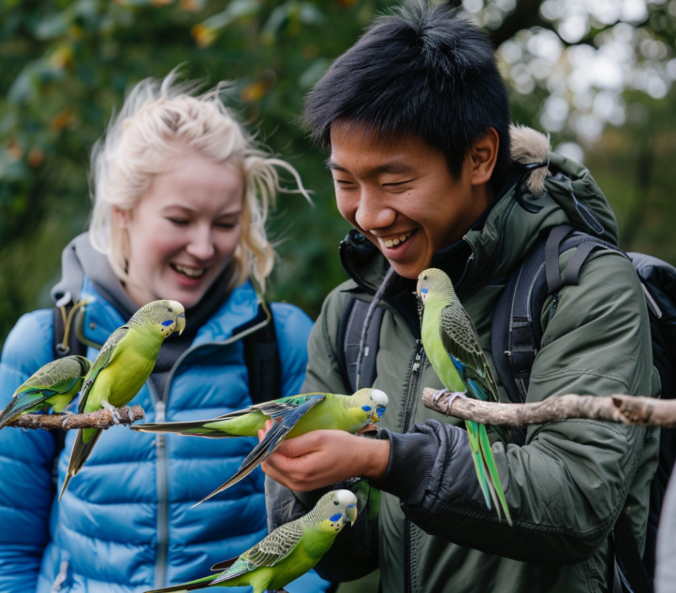 Two teenagers; one looking delighted holding a budgie